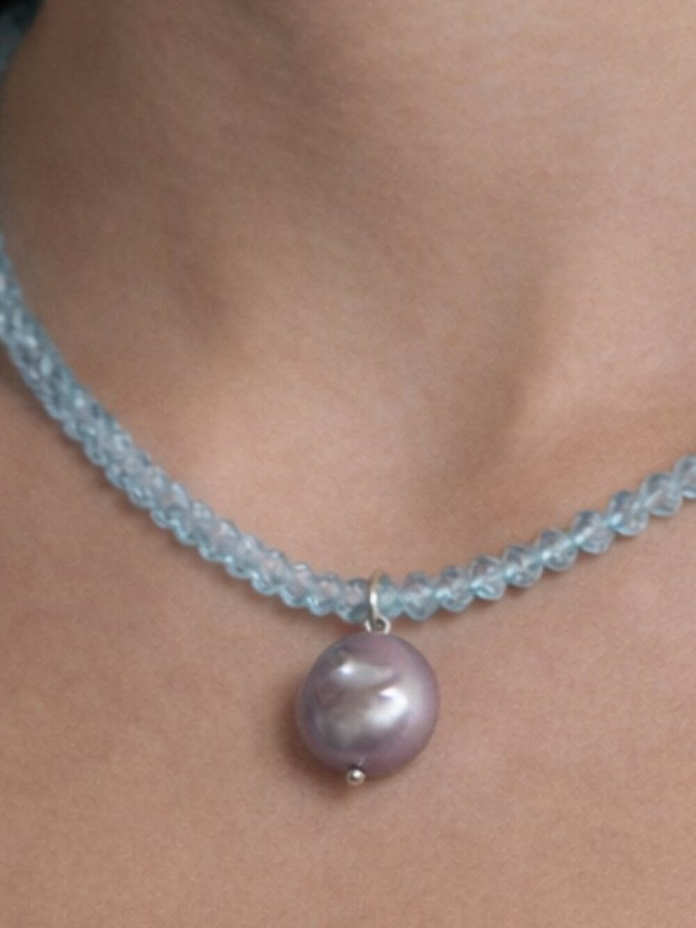 Faceted Blue Topaz and Freshwater Pearl Necklace.